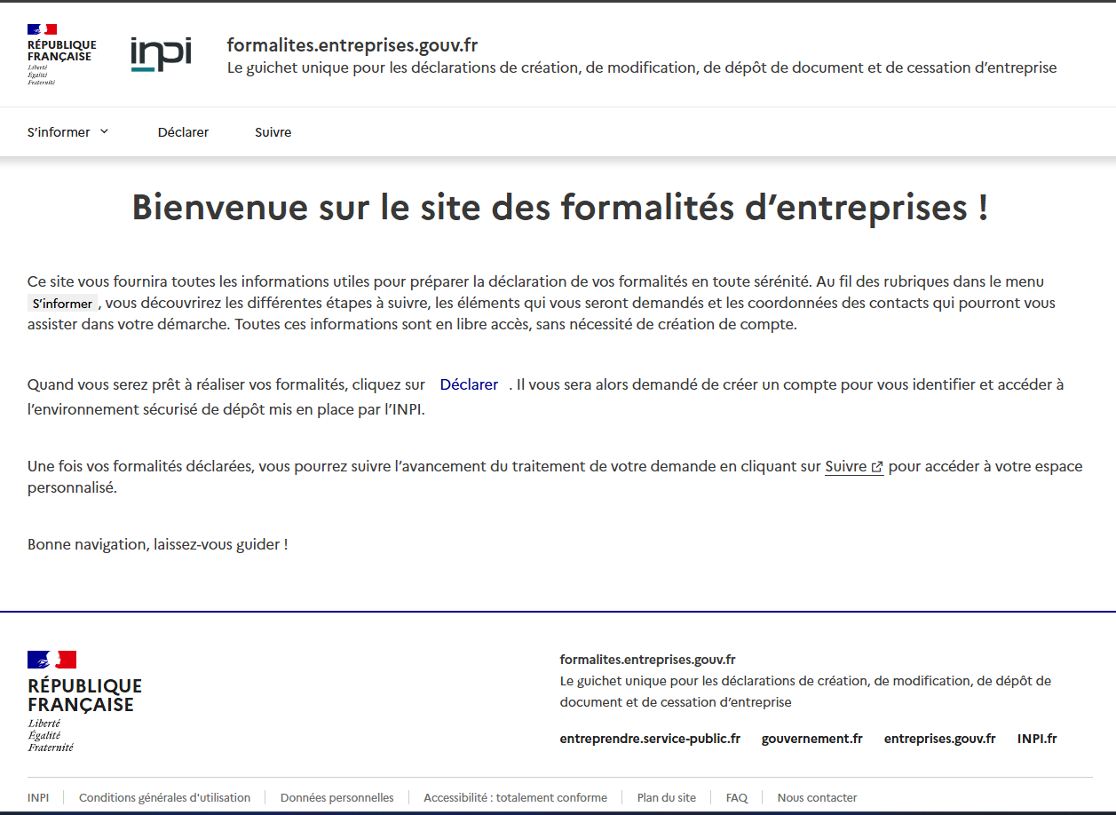Page d'accueil du guichet unique des formalités d'entreprises