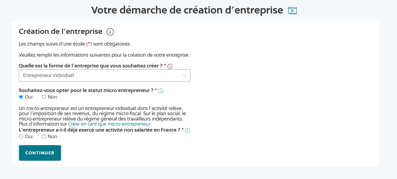 Premier formulaire de création d'entreprise