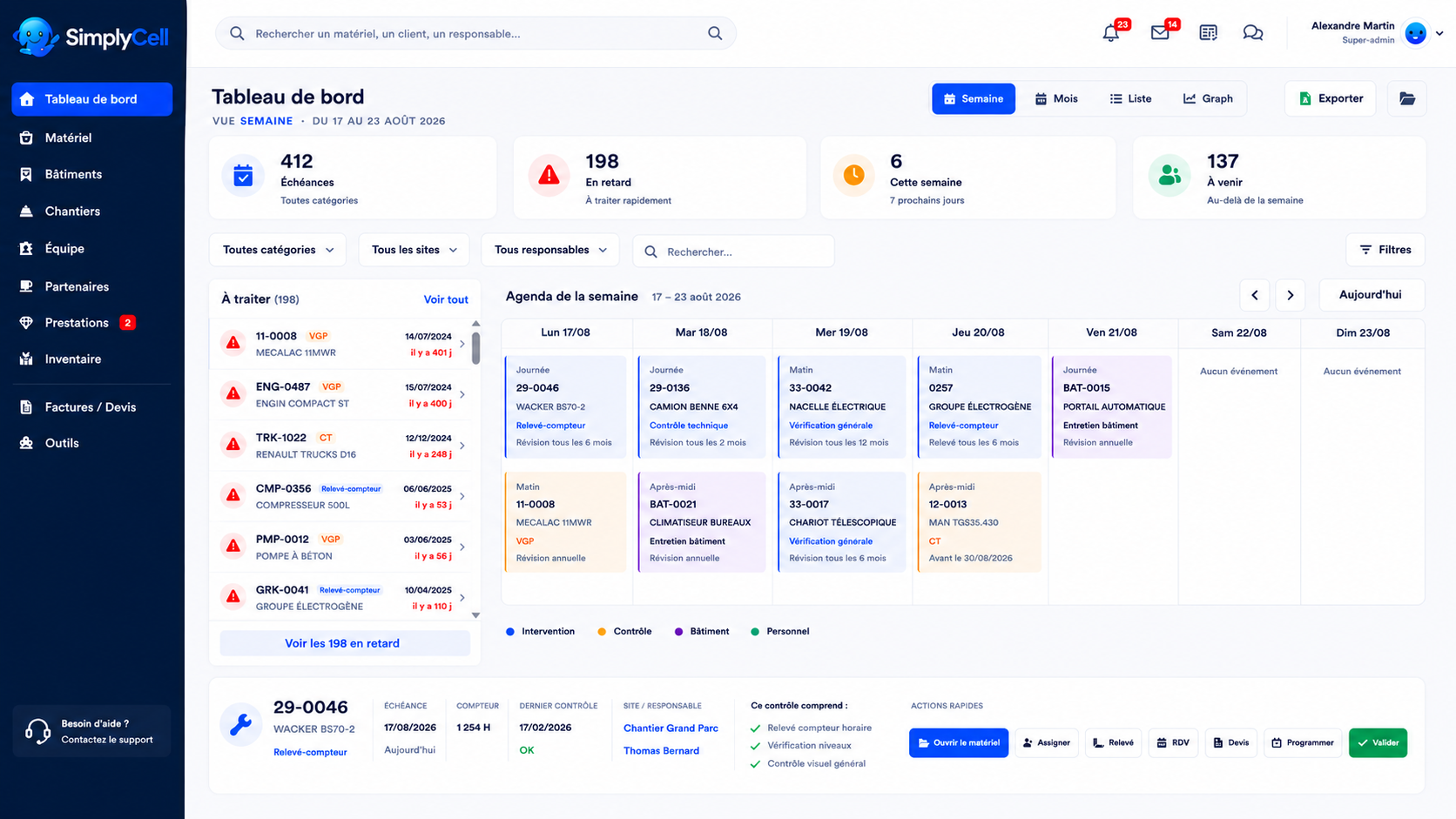 Tableau de bord SimplyCell : échéances et agenda de la semaine
